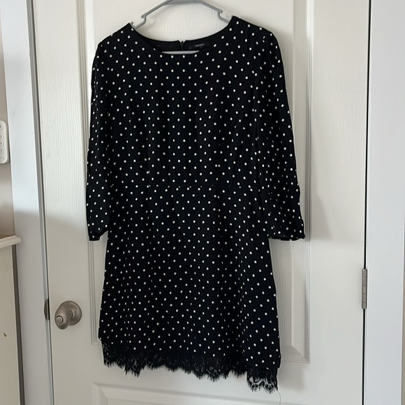 Forever 21 polka dot dress black white 3/4 sleeves lace hem detail M|L - Picture 3 of 11